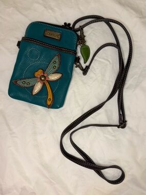 Chala Teal Dragonfly Appliqué Crossbody with Brown Strap
